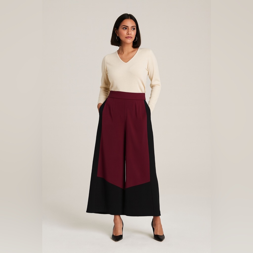 Vintage Maroon/ Black Color Block High Waisted Wide‎ Leg Dress Pants Sz. L